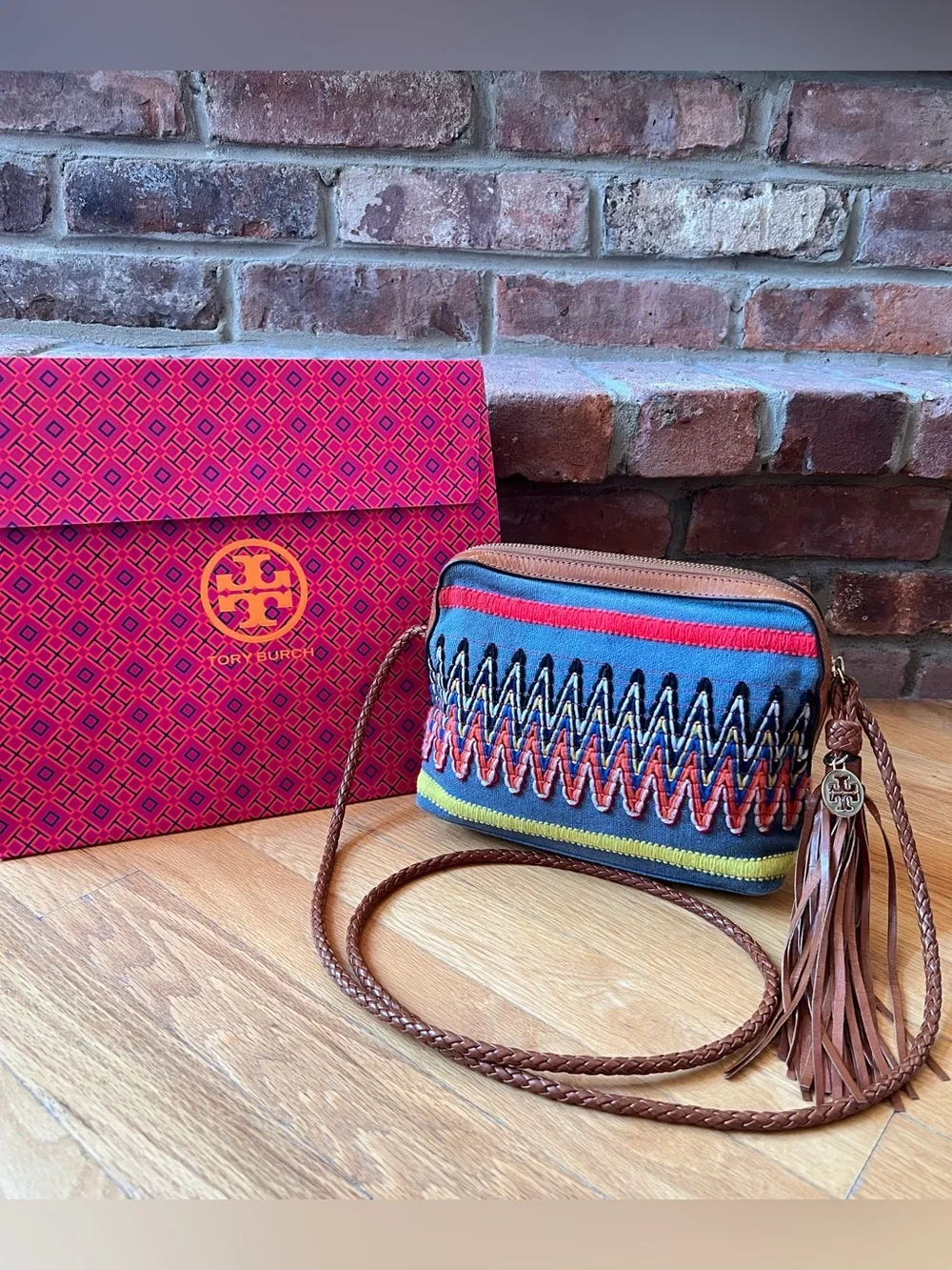 Tory Burch Chambray Blue Multicolor Taylor Embroidered Camera Bag